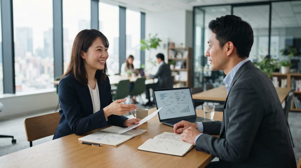 新卒採用の進め方について打ち合わせをする日本人のビジネスパーソン