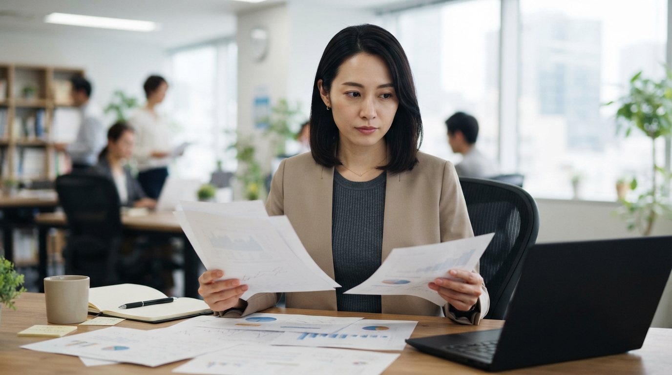 資料を見比べながら採用支援会社を検討する日本人の人事担当者