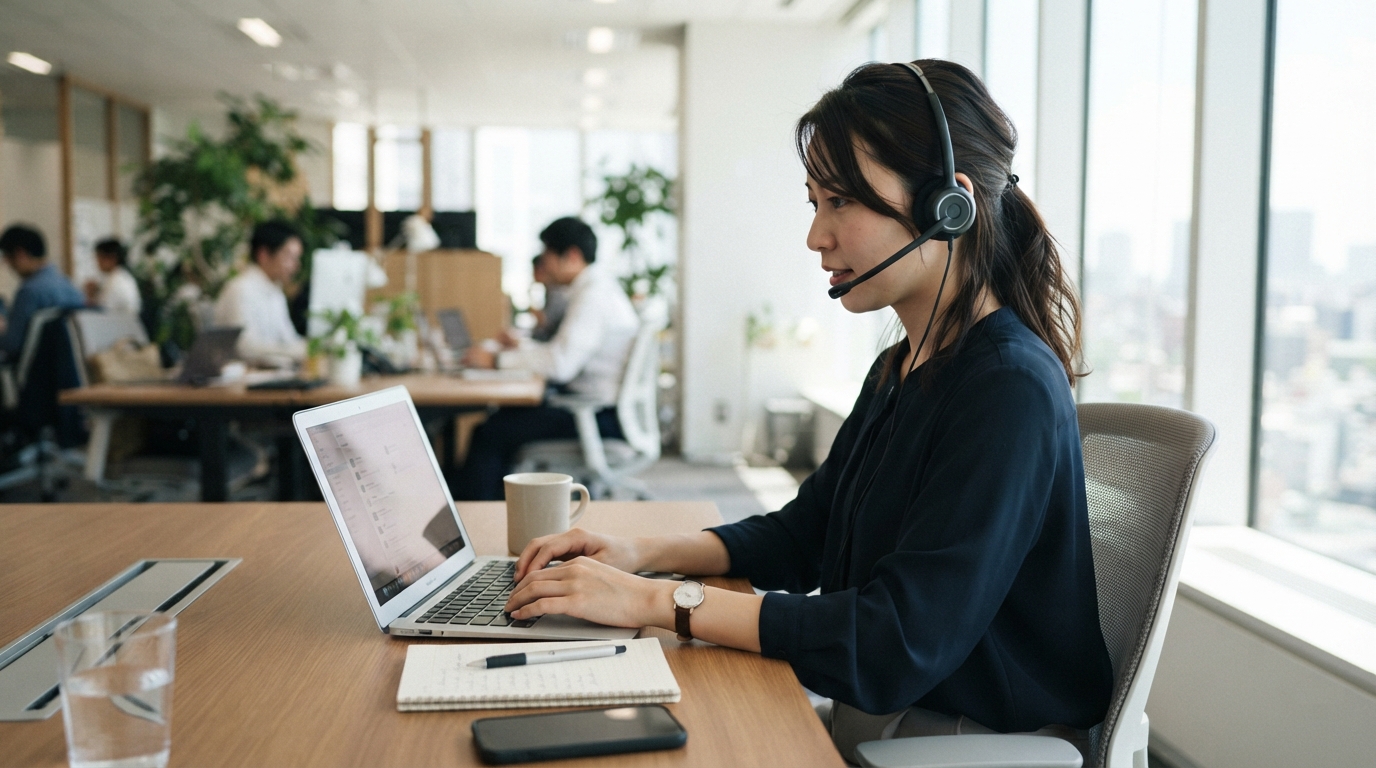 パソコンで応募者の連絡対応を行う日本人の採用担当者