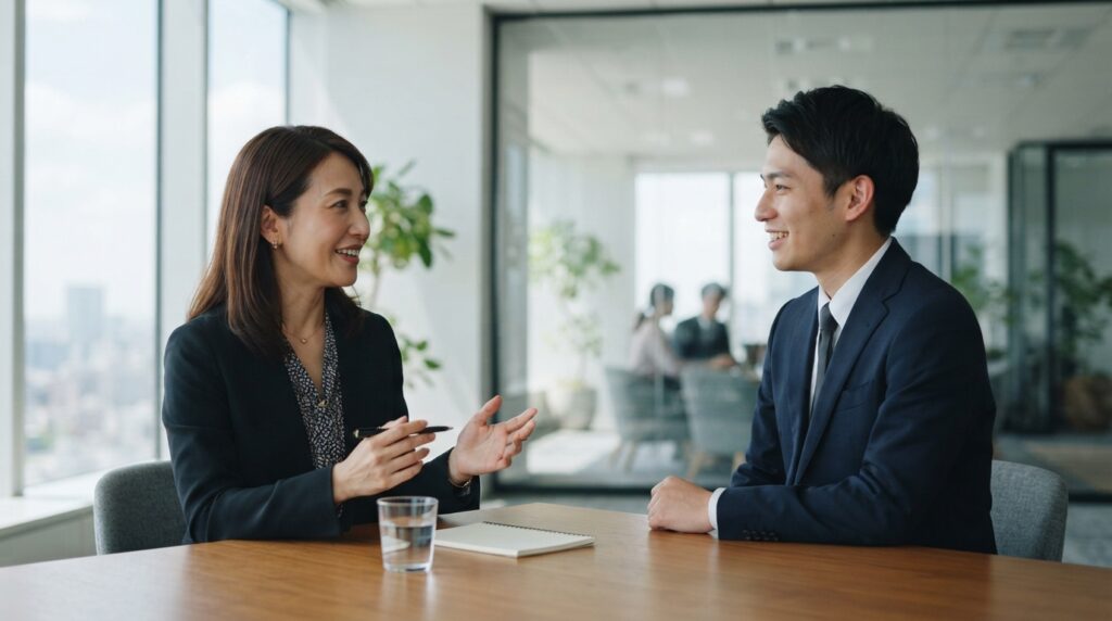 内定者と笑顔で面談をする日本人の採用担当者