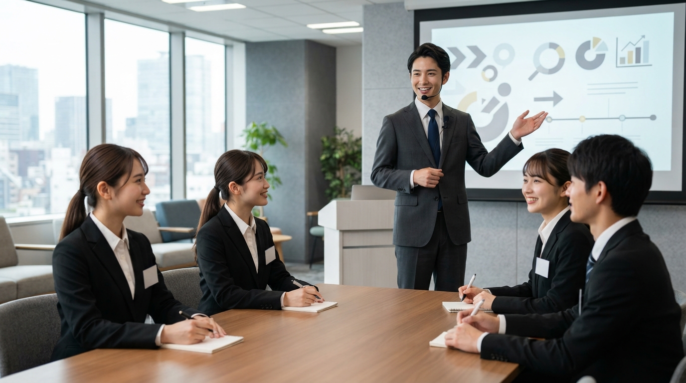 説明会で学生に会社の話をする日本人の社員