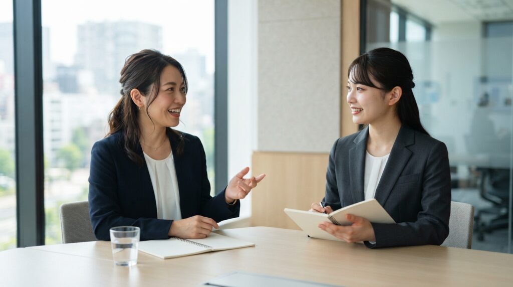 内定者と笑顔で話す日本人の採用担当者