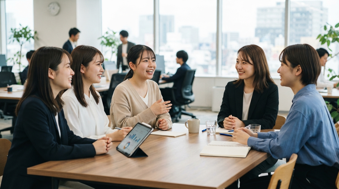 社員との座談会で和やかに話す日本人の学生たち