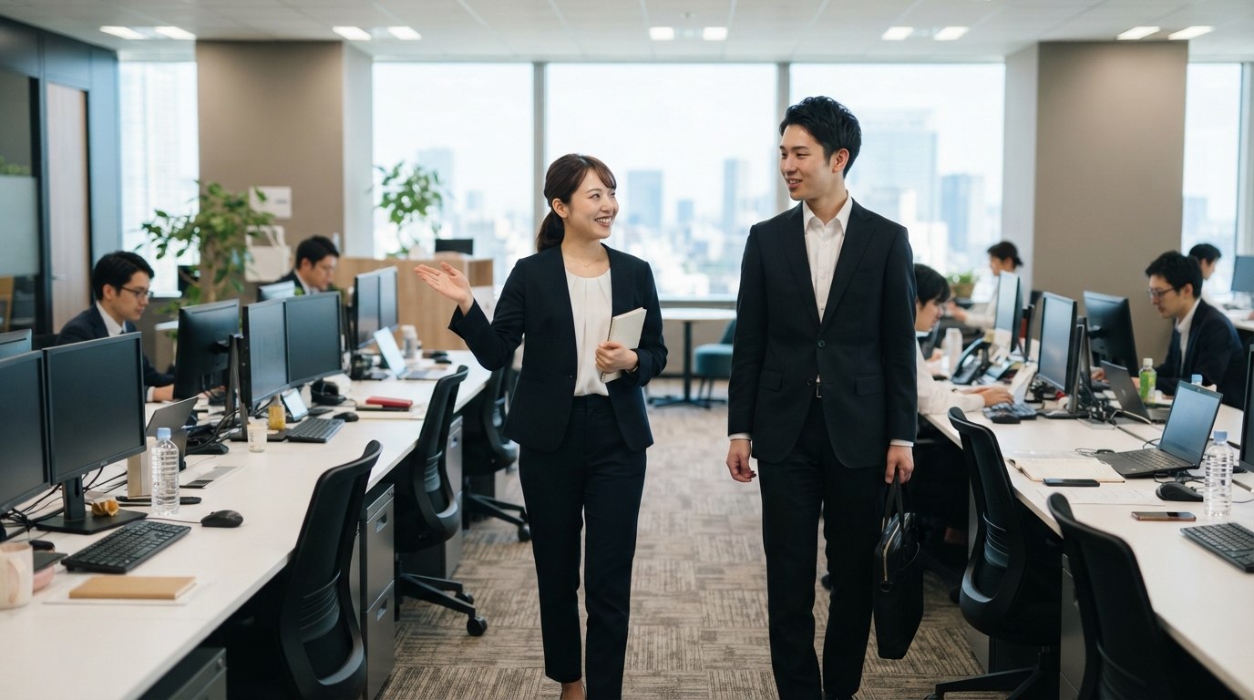 オフィス見学で社員の説明を聞く日本人の内定者