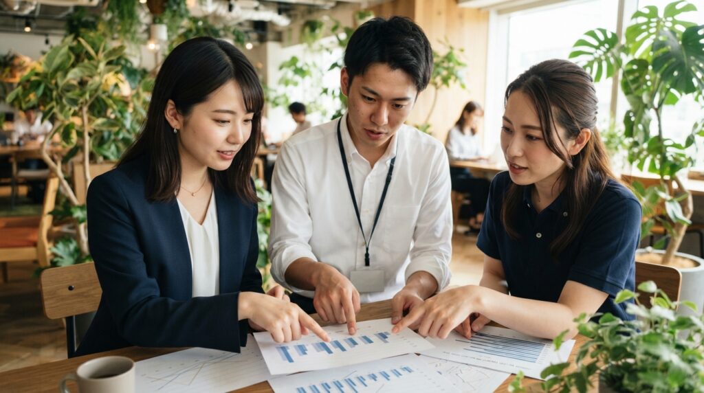 新卒採用の手法を比較検討する日本人の採用チーム