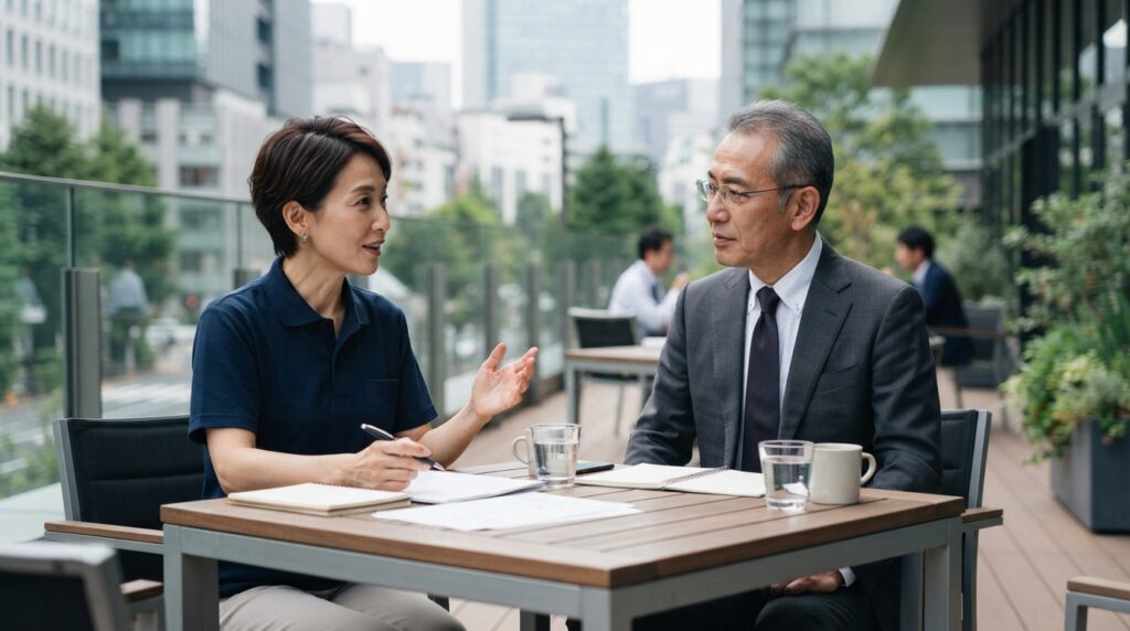 依頼先の選び方を相談する日本人の経営者と人事担当者