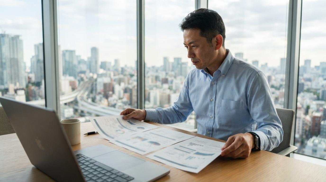 評価基準を見ながら資料を比較する日本人の担当者